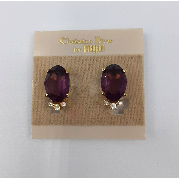 CHRISTIAN DIOR for I. Magnin Vintage Faux Amethyst, Crystal Earrings Jewelry NWT - Picture 1 of 8